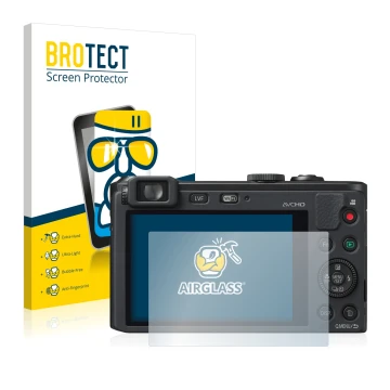 Parte frontal de un envase de producto con el logotipo de la marca BROTECT. Al lado se muestra el dispositivo Panasonic Lumix 