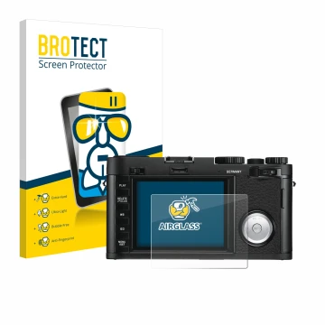 Parte frontal de un envase de producto con el logotipo de la marca BROTECT. Al lado se muestra el dispositivo Leica X Vario co