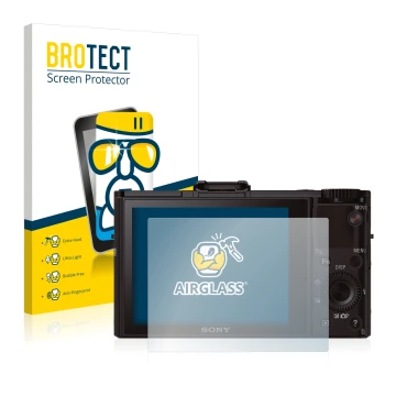 Parte frontal de un envase de producto con el logotipo de la marca BROTECT. Al lado se muestra el dispositivo Sony Cyber-Shot 