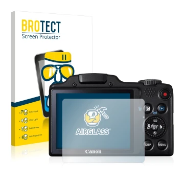 Parte frontal de un envase de producto con el logotipo de la marca BROTECT. Al lado se muestra el dispositivo Canon PowerShot 