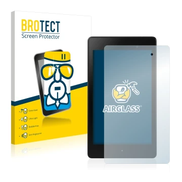 Parte frontal de un envase de producto con el logotipo de la marca BROTECT. Al lado se muestra el dispositivo ASUS Nexus 7 Tab