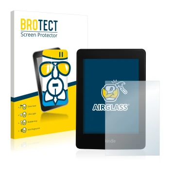 Parte frontal de un envase de producto con el logotipo de la marca BROTECT. Al lado se muestra el dispositivo Amazon Kindle Pa