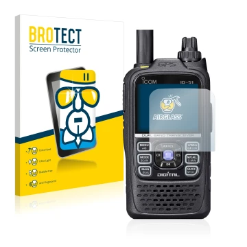Parte frontal de un envase de producto con el logotipo de la marca BROTECT. Al lado se muestra el dispositivo Icom ID-51 con s