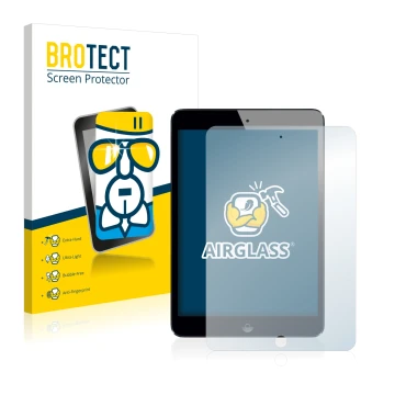 Parte frontal de un envase de producto con el logotipo de la marca BROTECT. Al lado se muestra el dispositivo Apple iPad Mini 