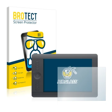 Parte frontal de un envase de producto con el logotipo de la marca BROTECT. Al lado se muestra el dispositivo Wacom Intuos Pro