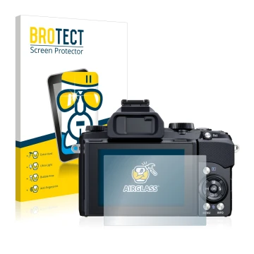 Parte frontal de un envase de producto con el logotipo de la marca BROTECT. Al lado se muestra el dispositivo Olympus Stylus 1