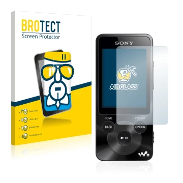 Parte frontal de un envase de producto con el logotipo de la marca BROTECT. Al lado se muestra el dispositivo Sony Walkman NWZ