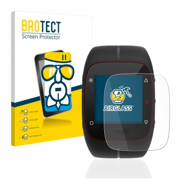 Parte frontal de un envase de producto con el logotipo de la marca BROTECT. Al lado se muestra el dispositivo Polar M400 con s