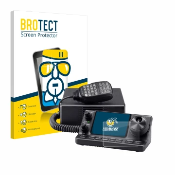 Parte frontal de un envase de producto con el logotipo de la marca BROTECT. Al lado se muestra el dispositivo Icom IC-7100 con