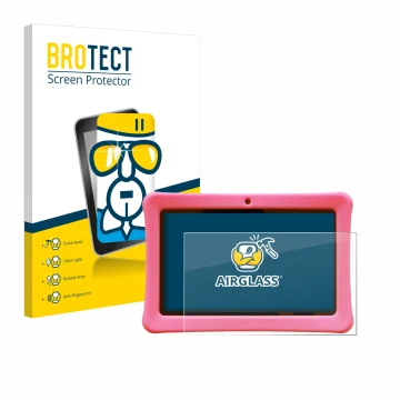 Parte frontal de un envase de producto con el logotipo de la marca BROTECT. Al lado se muestra el dispositivo Contixo Kids 7