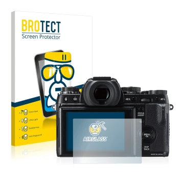 Parte frontal de un envase de producto con el logotipo de la marca BROTECT. Al lado se muestra el dispositivo Fujifilm X-T1 co