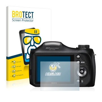 Parte frontal de un envase de producto con el logotipo de la marca BROTECT. Al lado se muestra el dispositivo Sony Cyber-Shot 