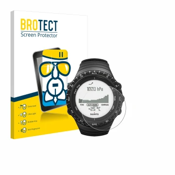 Parte frontal de un envase de producto con el logotipo de la marca BROTECT. Al lado se muestra el dispositivo Suunto Core Regu