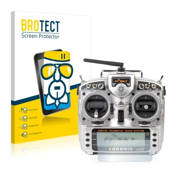 Parte frontal de un envase de producto con el logotipo de la marca BROTECT. Al lado se muestra el dispositivo FrSky Taranis X9