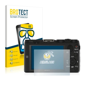 Parte frontal de un envase de producto con el logotipo de la marca BROTECT. Al lado se muestra el dispositivo Sony Cyber-Shot 