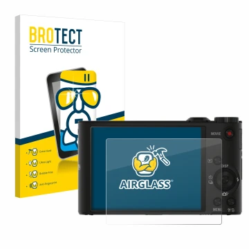 Parte frontal de un envase de producto con el logotipo de la marca BROTECT. Al lado se muestra el dispositivo Sony Cyber-Shot 