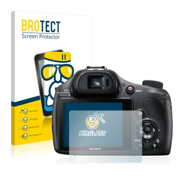 Parte frontal de un envase de producto con el logotipo de la marca BROTECT. Al lado se muestra el dispositivo Sony Cyber-Shot 