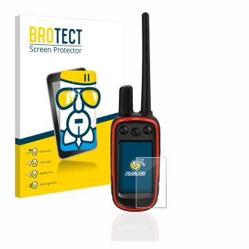 Parte frontal de un envase de producto con el logotipo de la marca BROTECT. Al lado se muestra el dispositivo Garmin Alpha 100