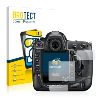 Parte frontal de un envase de producto con el logotipo de la marca BROTECT. Al lado se muestra el dispositivo Nikon D4S con su