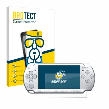 Parte frontal de un envase de producto con el logotipo de la marca BROTECT. Al lado se muestra el dispositivo Sony PSP 2004 co