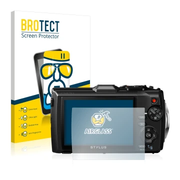Parte frontal de un envase de producto con el logotipo de la marca BROTECT. Al lado se muestra el dispositivo Olympus Stylus T