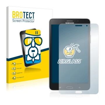 Parte frontal de un envase de producto con el logotipo de la marca BROTECT. Al lado se muestra el dispositivo Samsung Galaxy T