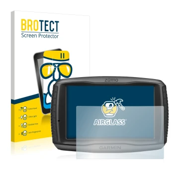 Parte frontal de un envase de producto con el logotipo de la marca BROTECT. Al lado se muestra el dispositivo Garmin zumo 590L