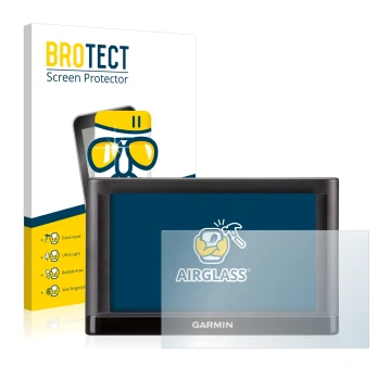 Parte frontal de un envase de producto con el logotipo de la marca BROTECT. Al lado se muestra el dispositivo Garmin nüvi 55LT