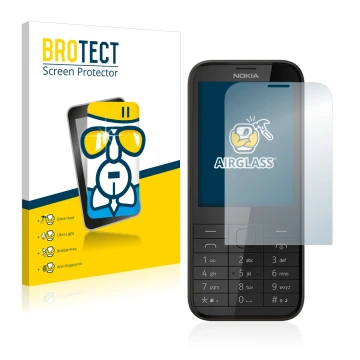 Parte frontal de un envase de producto con el logotipo de la marca BROTECT. Al lado se muestra el dispositivo Nokia 225 con su