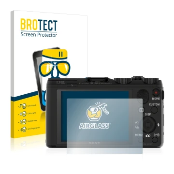 Parte frontal de un envase de producto con el logotipo de la marca BROTECT. Al lado se muestra el dispositivo Sony Cyber-Shot 