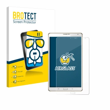 Parte frontal de un envase de producto con el logotipo de la marca BROTECT. Al lado se muestra el dispositivo Samsung Galaxy T