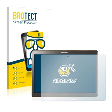 Parte frontal de un envase de producto con el logotipo de la marca BROTECT. Al lado se muestra el dispositivo Samsung Galaxy T