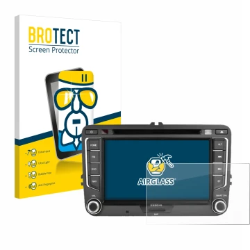 Parte frontal de un envase de producto con el logotipo de la marca BROTECT. Al lado se muestra el dispositivo Zenec E>Go 7