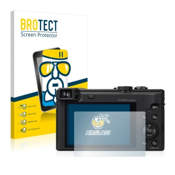Parte frontal de un envase de producto con el logotipo de la marca BROTECT. Al lado se muestra el dispositivo Panasonic Lumix 