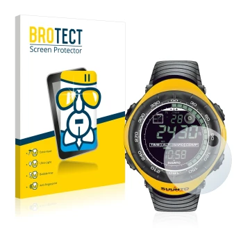 Parte frontal de un envase de producto con el logotipo de la marca BROTECT. Al lado se muestra el dispositivo Suunto Vector Ye