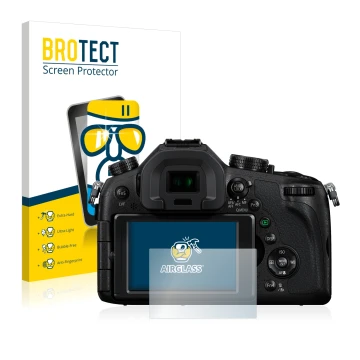 Parte frontal de un envase de producto con el logotipo de la marca BROTECT. Al lado se muestra el dispositivo Panasonic Lumix 