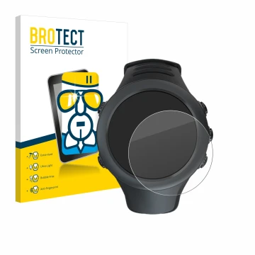 Parte frontal de un envase de producto con el logotipo de la marca BROTECT. Al lado se muestra el dispositivo Suunto Ambit3 Sp