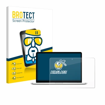 Parte frontal de un envase de producto con el logotipo de la marca BROTECT. Al lado se muestra el dispositivo Apple MacBook Pr