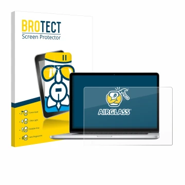 Parte frontal de un envase de producto con el logotipo de la marca BROTECT. Al lado se muestra el dispositivo Apple MacBook Pr