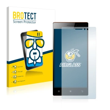 Parte frontal de un envase de producto con el logotipo de la marca BROTECT. Al lado se muestra el dispositivo Lenovo Vibe X2 c