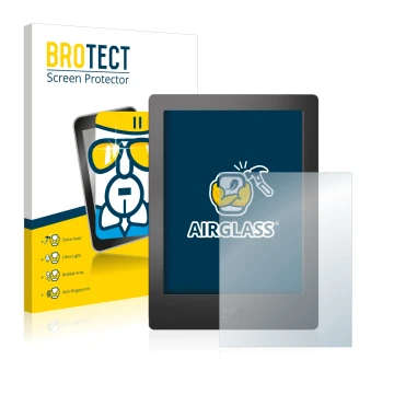 Parte frontal de un envase de producto con el logotipo de la marca BROTECT. Al lado se muestra el dispositivo Kobo Aura H2O co