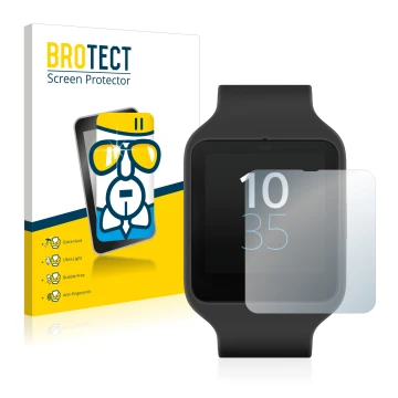 Parte frontal de un envase de producto con el logotipo de la marca BROTECT. Al lado se muestra el dispositivo Sony Smartwatch 