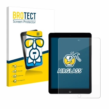 Parte frontal de un envase de producto con el logotipo de la marca BROTECT. Al lado se muestra el dispositivo Apple iPad Air 2