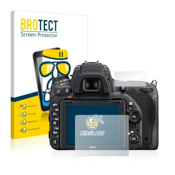 Parte frontal de un envase de producto con el logotipo de la marca BROTECT. Al lado se muestra el dispositivo Nikon D750 con s