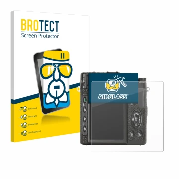 Parte frontal de un envase de producto con el logotipo de la marca BROTECT. Al lado se muestra el dispositivo Fujifilm X10 con