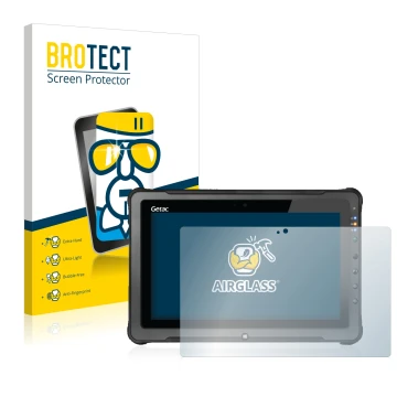 Parte frontal de un envase de producto con el logotipo de la marca BROTECT. Al lado se muestra el dispositivo Getac F110 G5 co