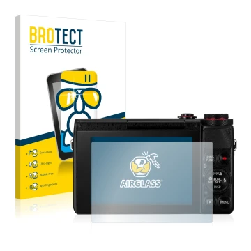 Parte frontal de un envase de producto con el logotipo de la marca BROTECT. Al lado se muestra el dispositivo Canon PowerShot 