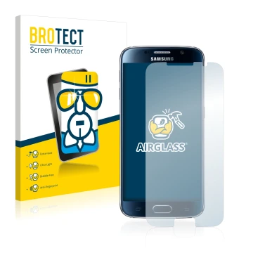 Parte frontal de un envase de producto con el logotipo de la marca BROTECT. Al lado se muestra el dispositivo Samsung Galaxy S