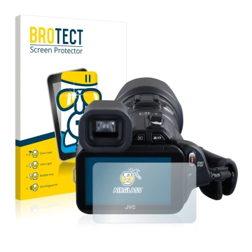 Parte frontal de un envase de producto con el logotipo de la marca BROTECT. Al lado se muestra el dispositivo JVC GC-PX100BEU 