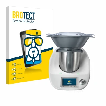 Parte frontal de un envase de producto con el logotipo de la marca BROTECT. Al lado se muestra el dispositivo Vorwerk Thermomi